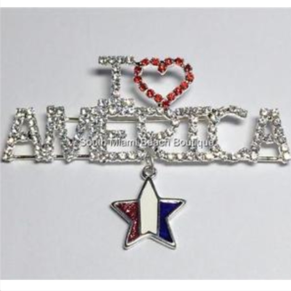 Silver Plated Patriotic USA Flag Pin Brooch I Love America July 4th Crystal